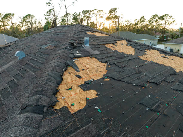 Natural disaster and its consequences. Hurricane Ian destroyed house roof in Florida residential area.